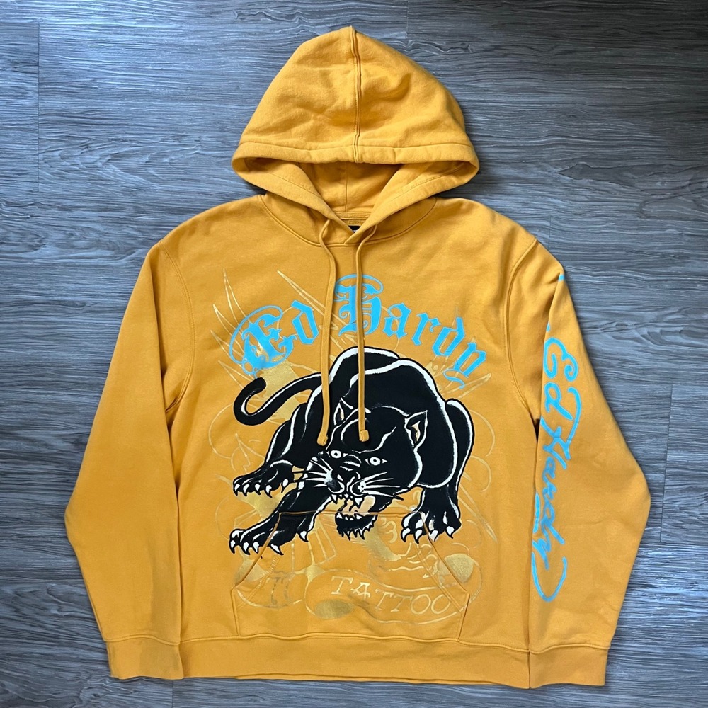 Ed Hardy Men Yellow Panther Tattoo Graphic Hoodie EHM130055 Large Y2K Streetwear - Picture 1 of 7